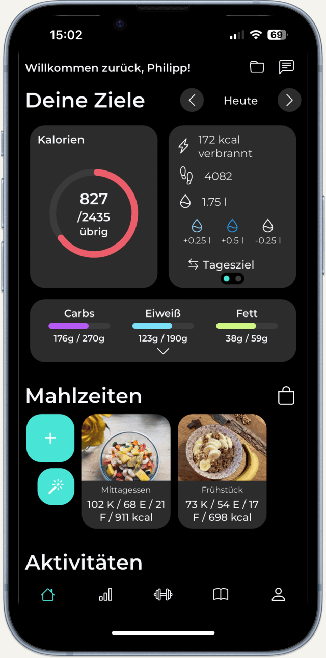 Dashboard der Nutrilize-App mit Kalorien- und Makronährstoff-Tracking