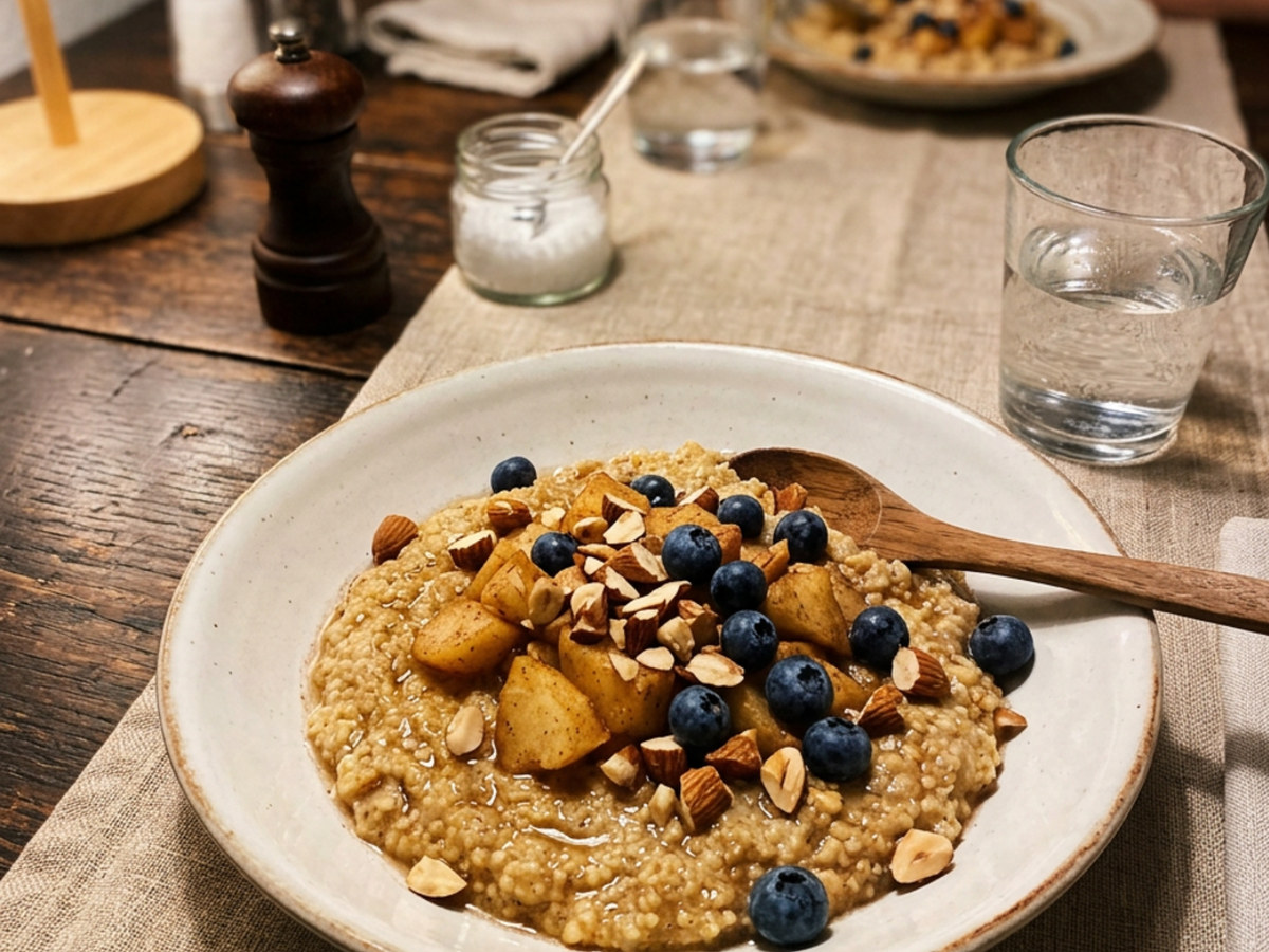Hirse-Porridge mit Apfel und Heidelbeeren