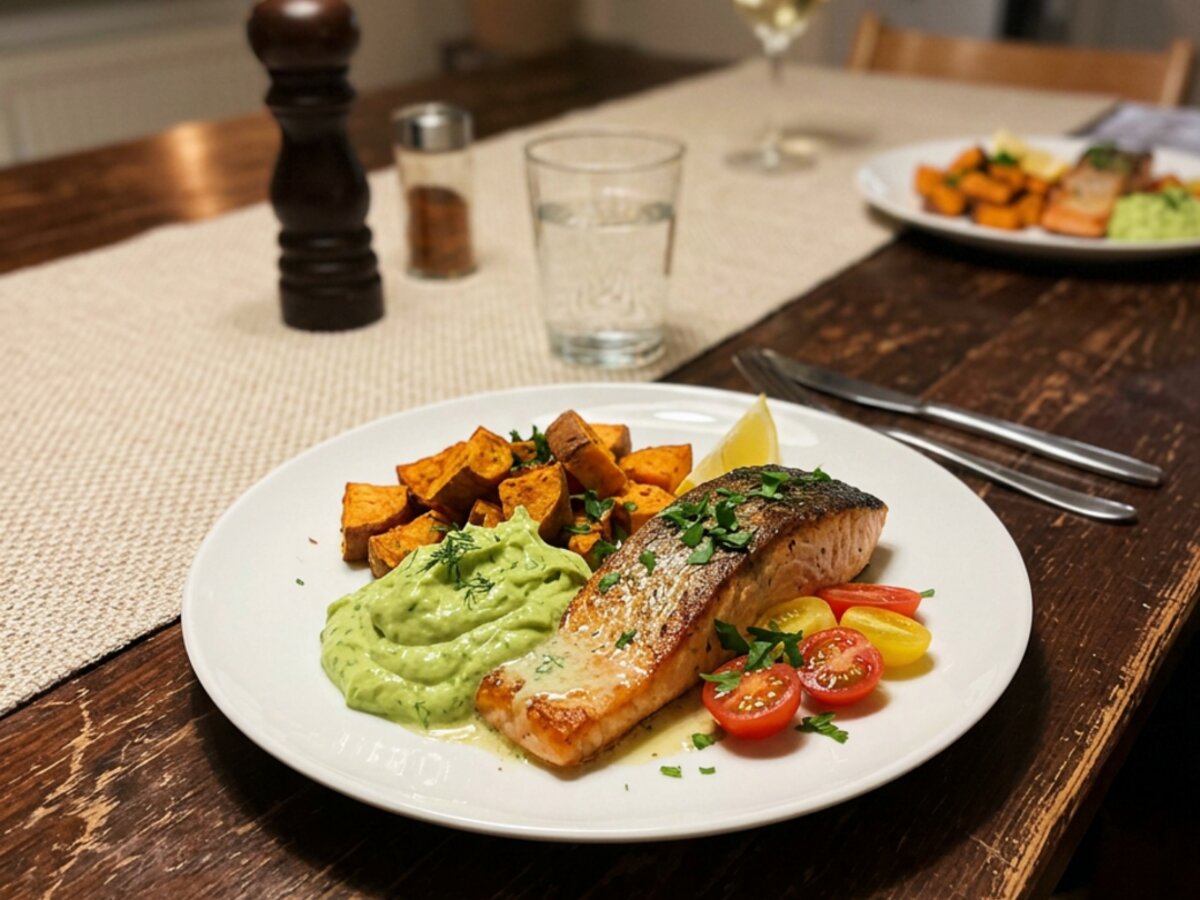 Lachsfilet mit gebackener Süßkartoffel und Avocado-Creme