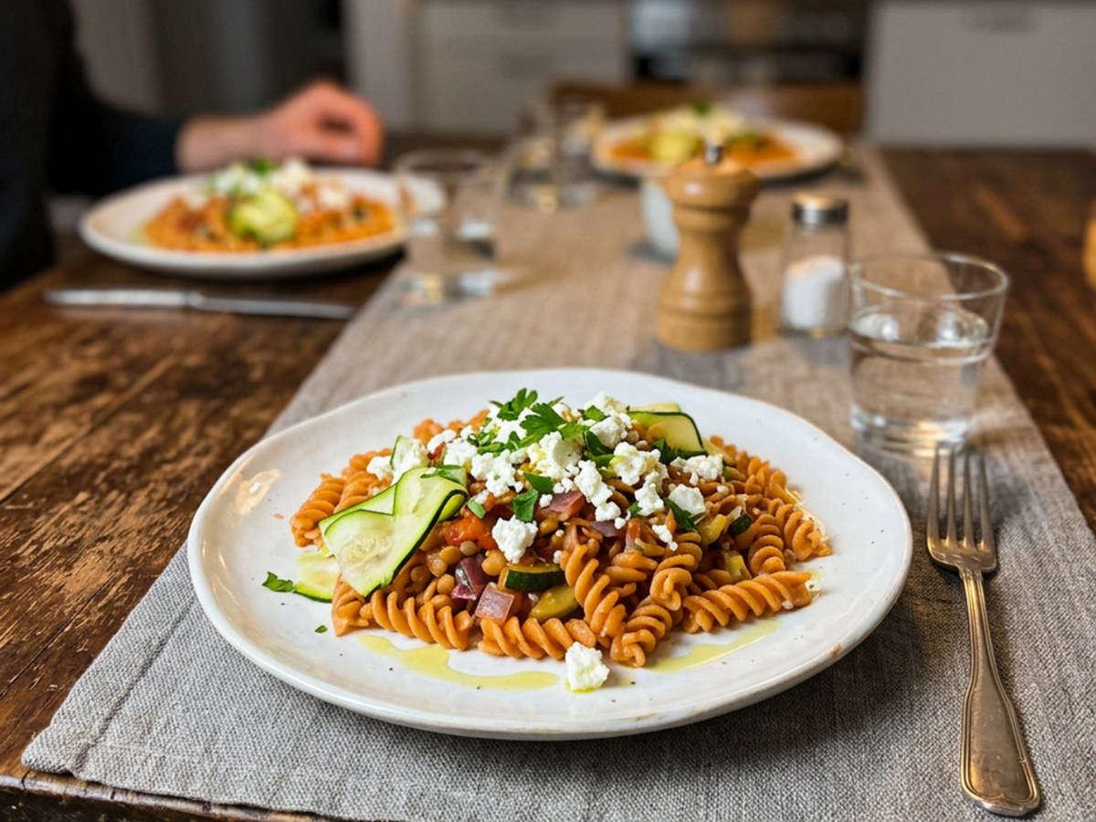 Linsennudeln mit Feta und Zucchini