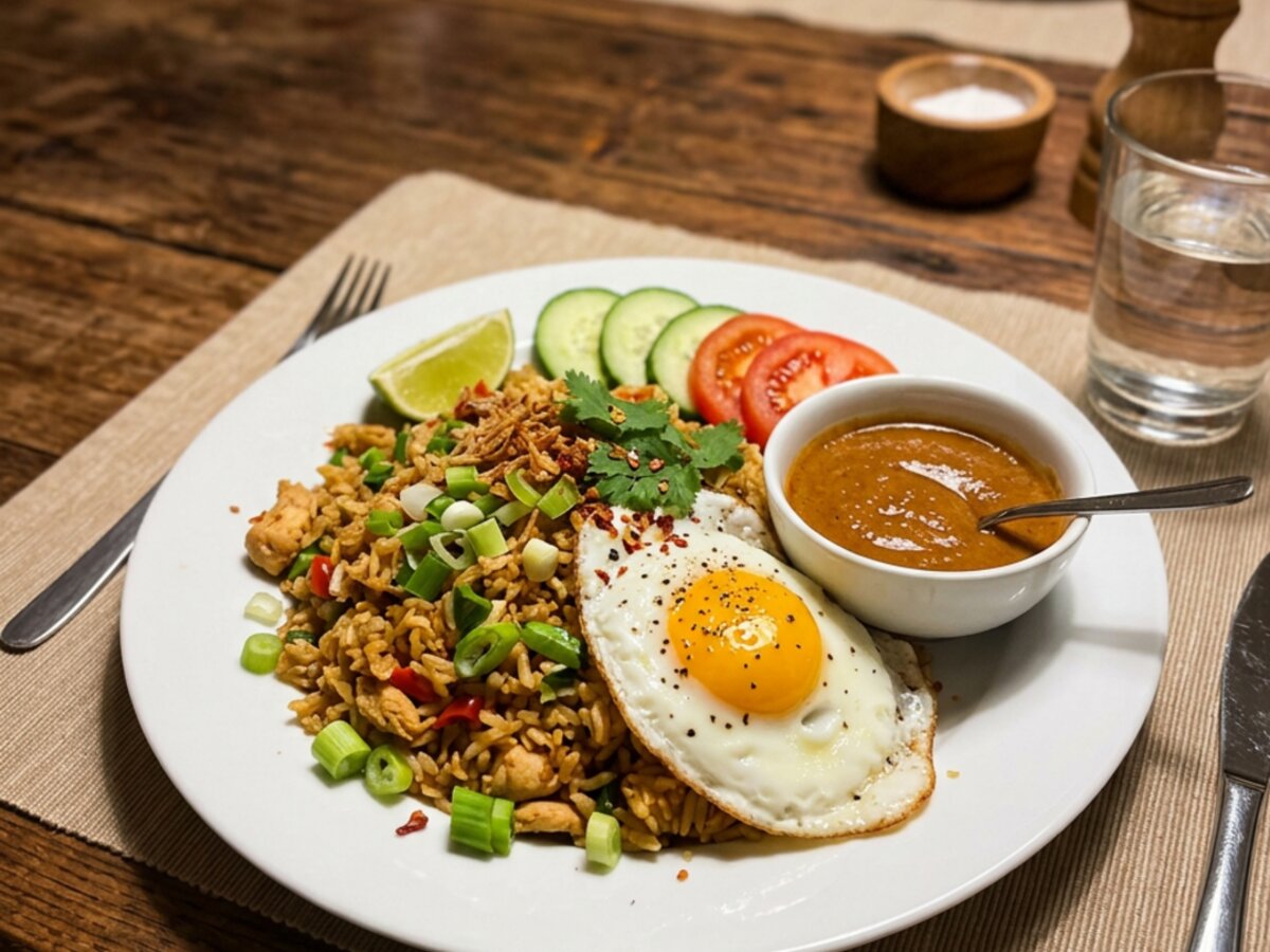 Nasi Goreng mit Ei und Erdnusssauce