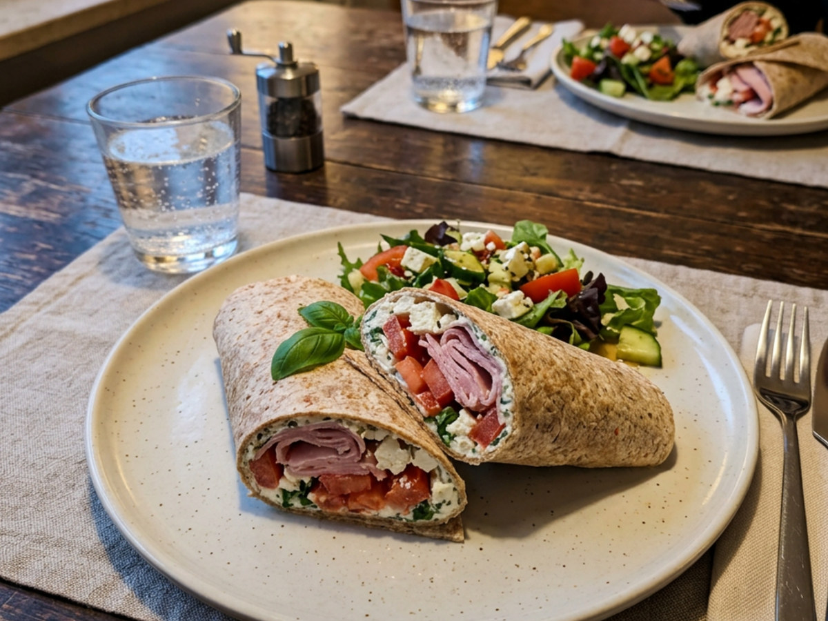 Wrap mit Schinken, Feta und Gemüse